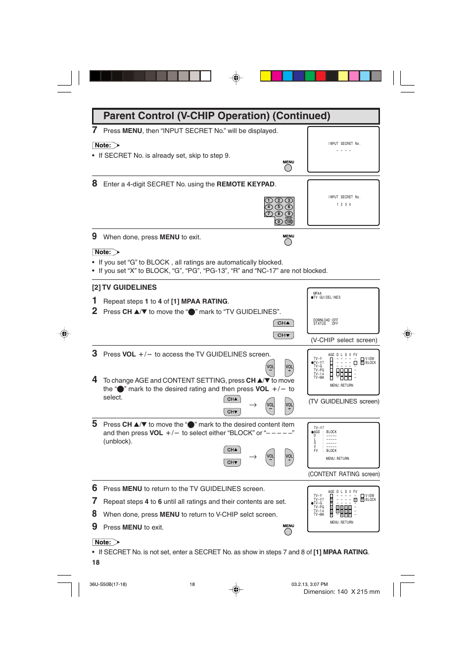 Parent control (v-chip operation) (continued), 2] tv guidelines | Sharp 36U-S50B User Manual | Page 18 / 48