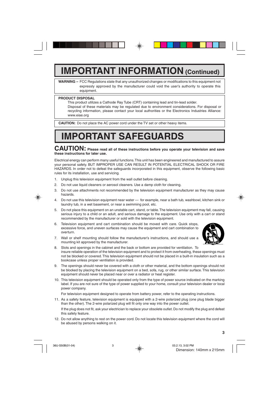 Important information, Important safeguards, Caution | Continued) | Sharp 36U-S50B User Manual | Page 3 / 48