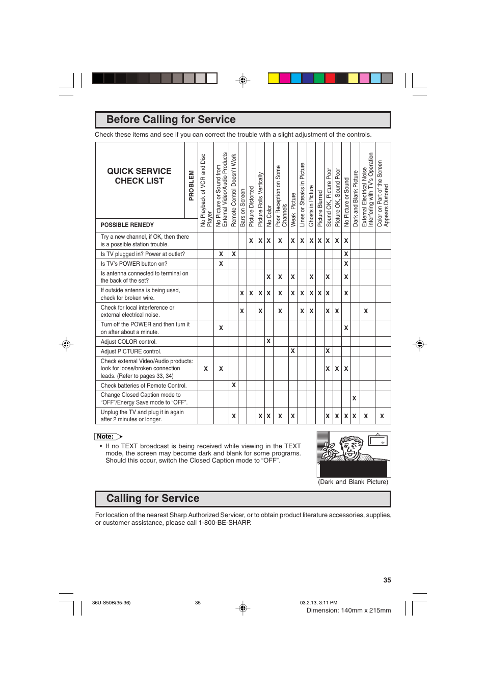 Before calling for service, Calling for service, Quick service check list | Sharp 36U-S50B User Manual | Page 35 / 48