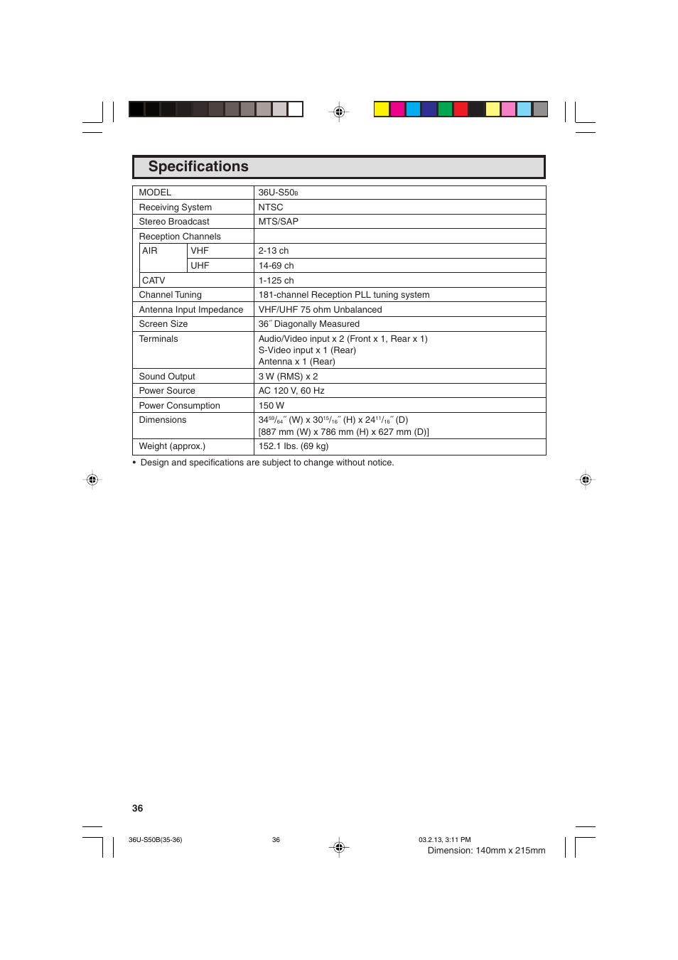Specifications | Sharp 36U-S50B User Manual | Page 36 / 48