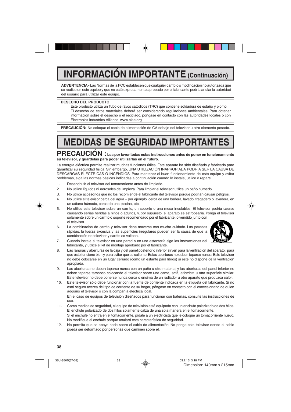 Información importante, Medidas de seguridad importantes, Precaución | Continuación) | Sharp 36U-S50B User Manual | Page 38 / 48