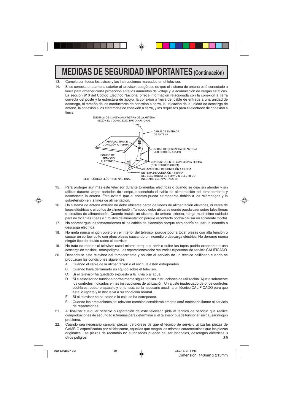 Medidas de seguridad importantes, Continuación) | Sharp 36U-S50B User Manual | Page 39 / 48
