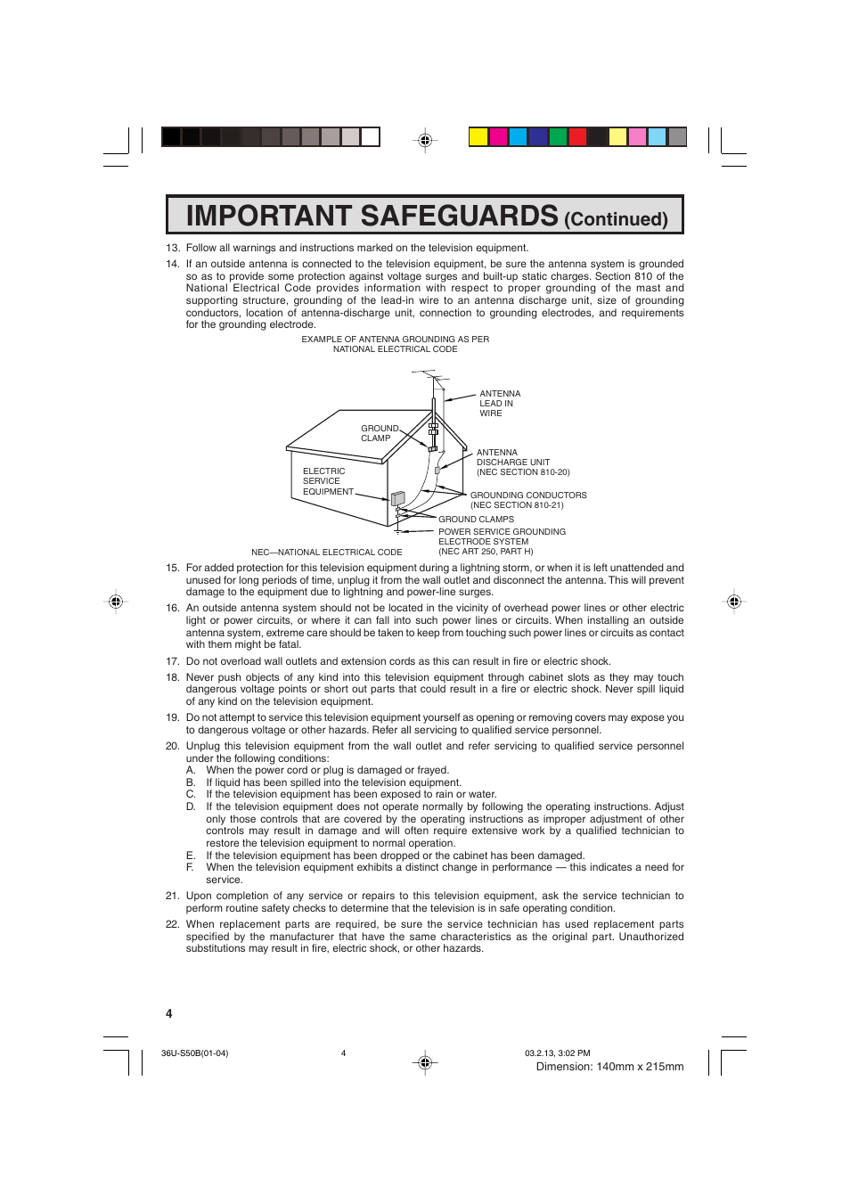 Important safeguards, Continued) | Sharp 36U-S50B User Manual | Page 4 / 48
