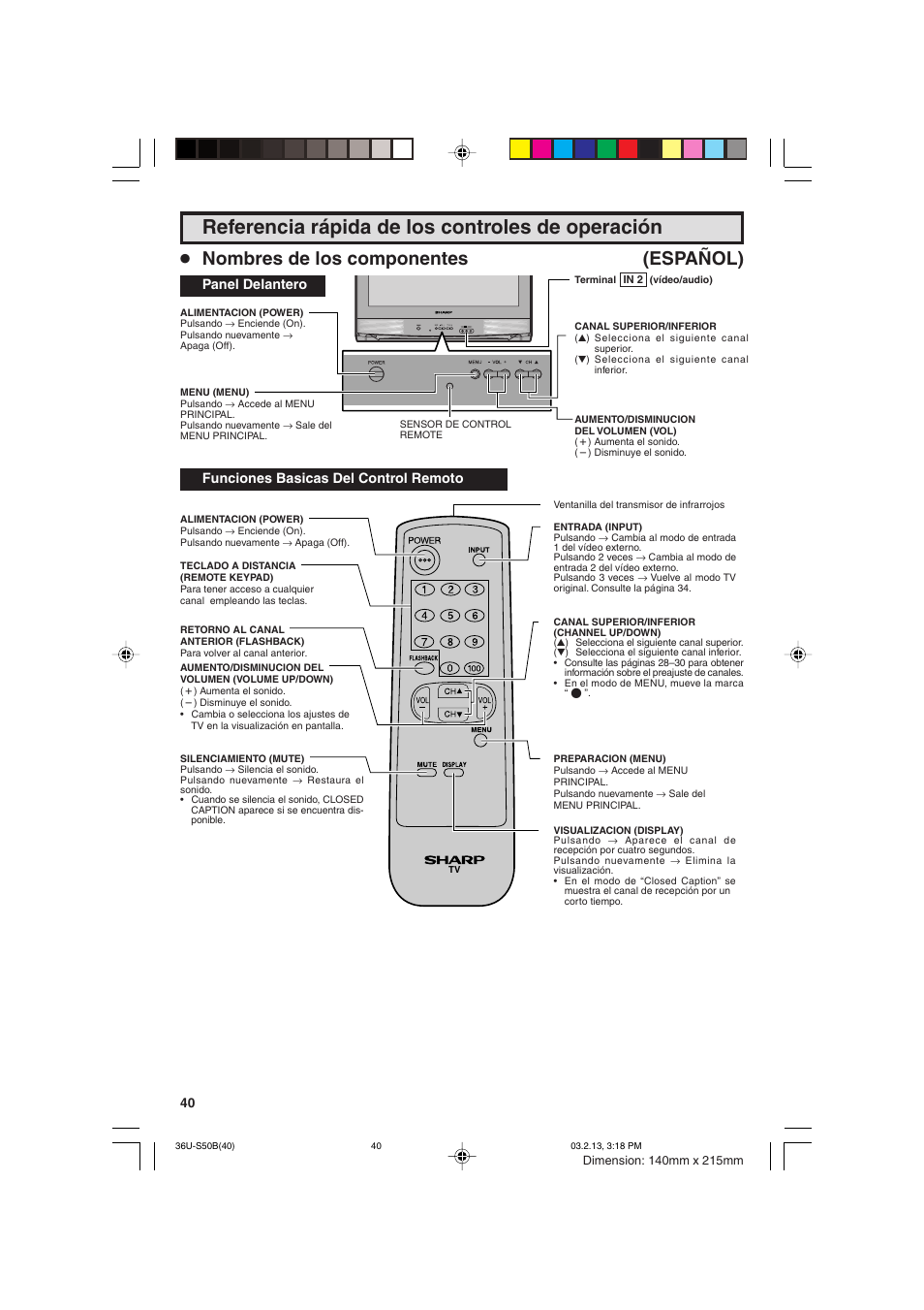 Referencia rápida de los controles de operación, Nombres de los componentes (español) | Sharp 36U-S50B User Manual | Page 40 / 48