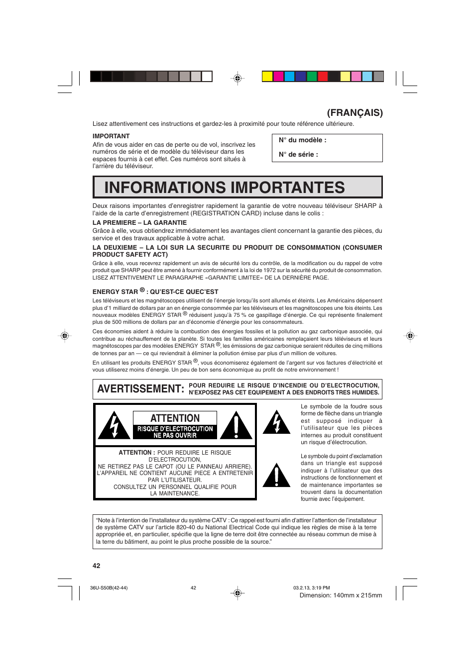 Informations importantes, Avertissement, Français) | Sharp 36U-S50B User Manual | Page 42 / 48