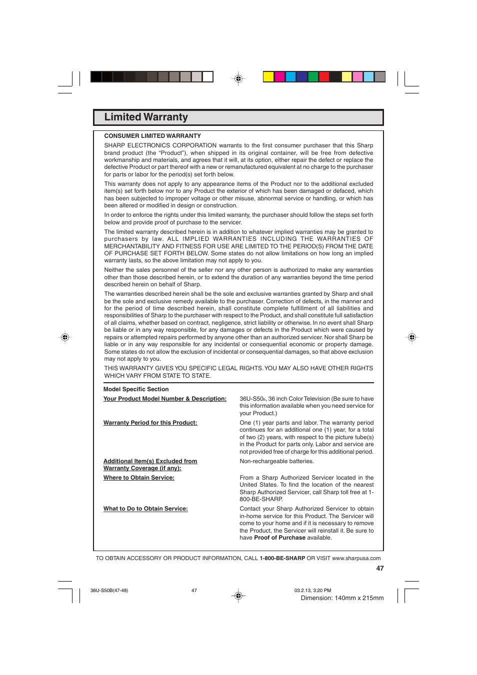 Limited warranty | Sharp 36U-S50B User Manual | Page 47 / 48