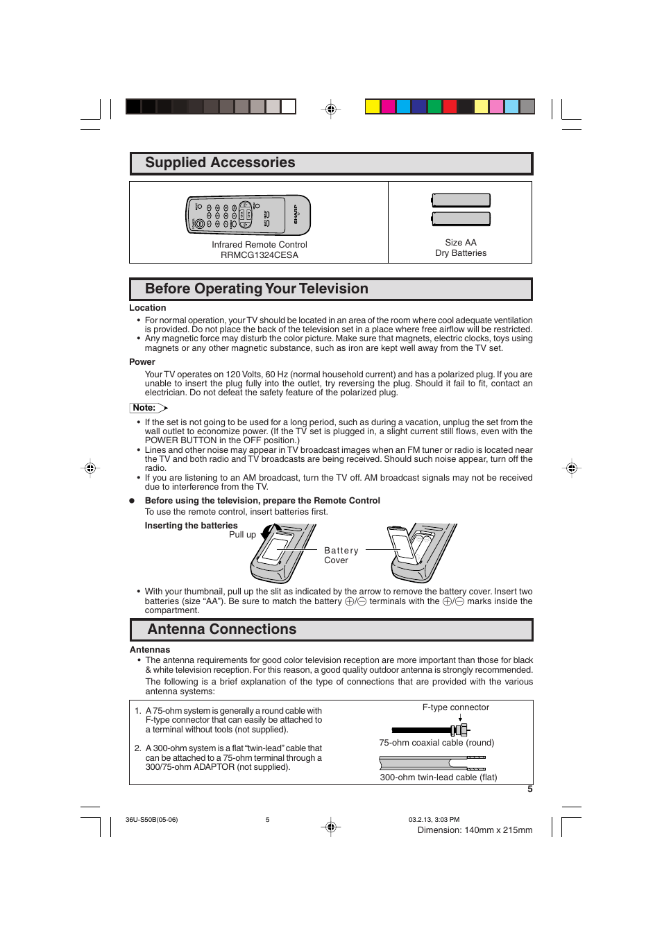 Supplied accessories, Before operating your television, Antenna connections | Sharp 36U-S50B User Manual | Page 5 / 48