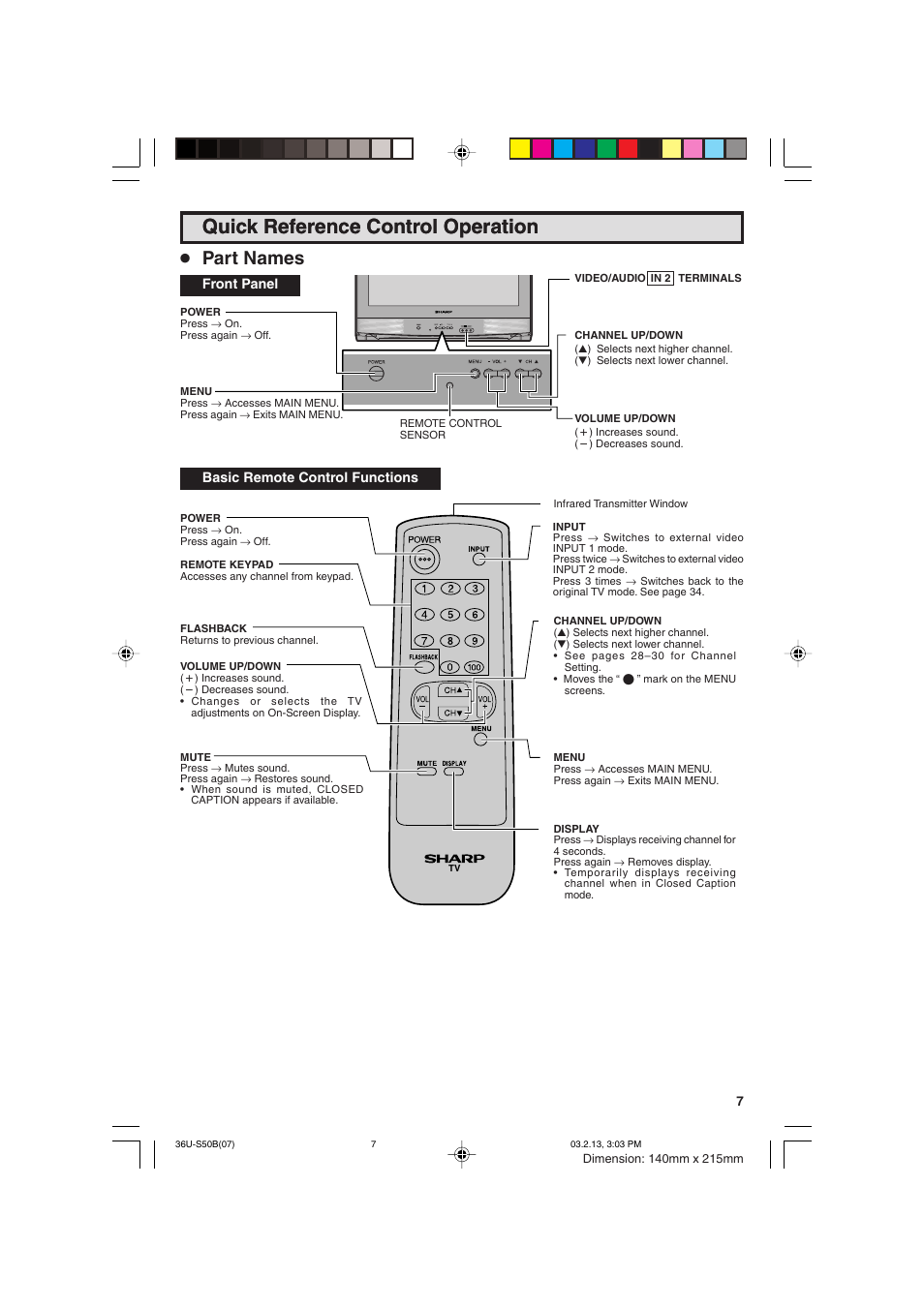 Quick reference control operation, Part names | Sharp 36U-S50B User Manual | Page 7 / 48