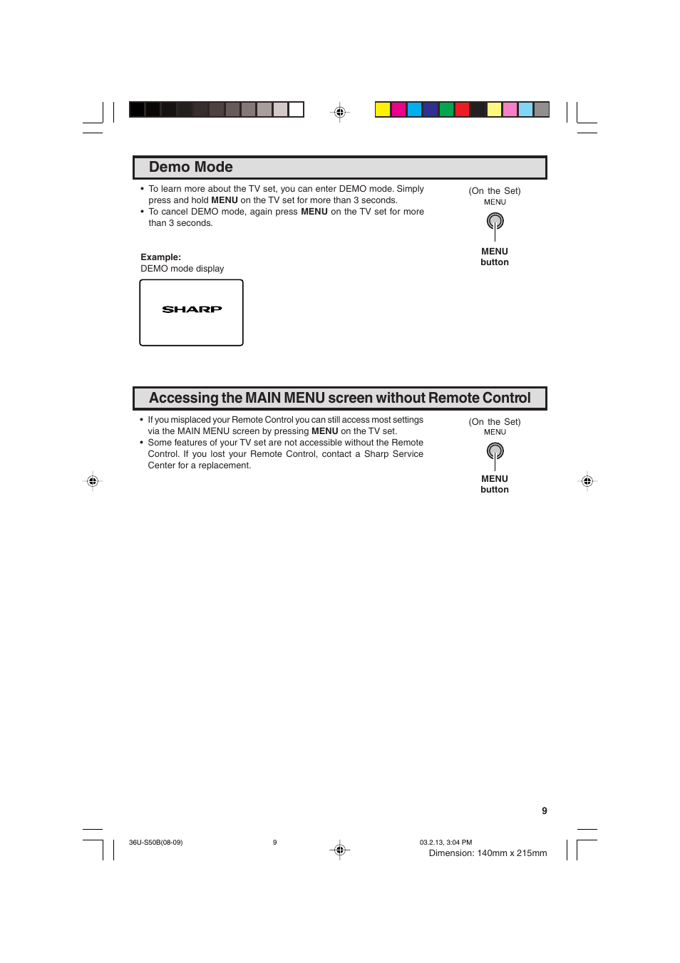 Demo mode | Sharp 36U-S50B User Manual | Page 9 / 48