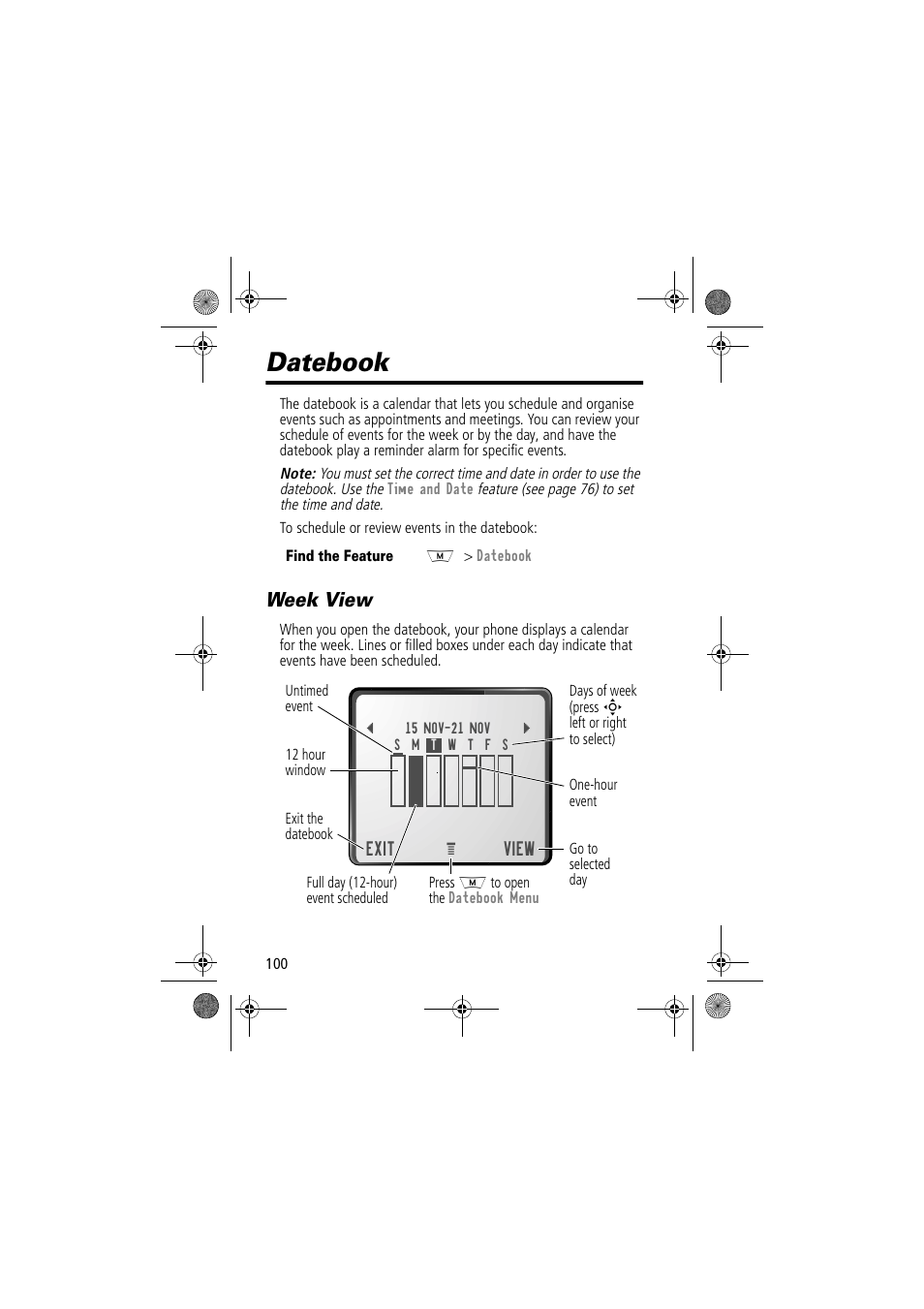 Datebook, Week view | Motorola TimePort 280 User Manual | Page 100 / 188