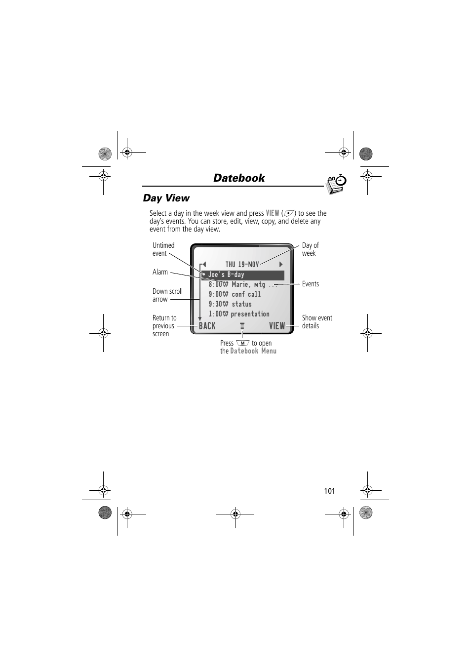 Datebook, Day view | Motorola TimePort 280 User Manual | Page 101 / 188