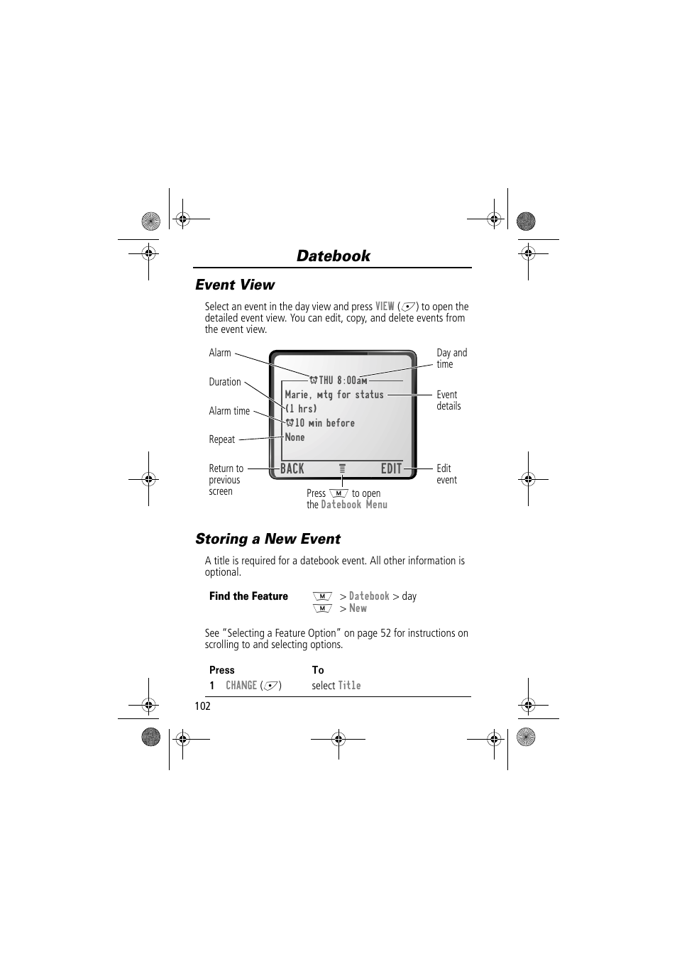 Datebook, Event view, Storing a new event | Motorola TimePort 280 User Manual | Page 102 / 188