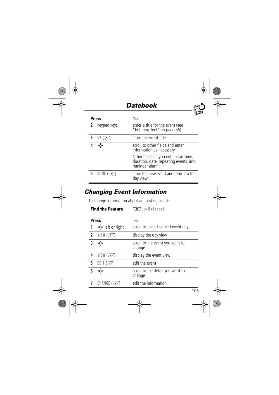 Datebook, Changing event information | Motorola TimePort 280 User Manual | Page 103 / 188