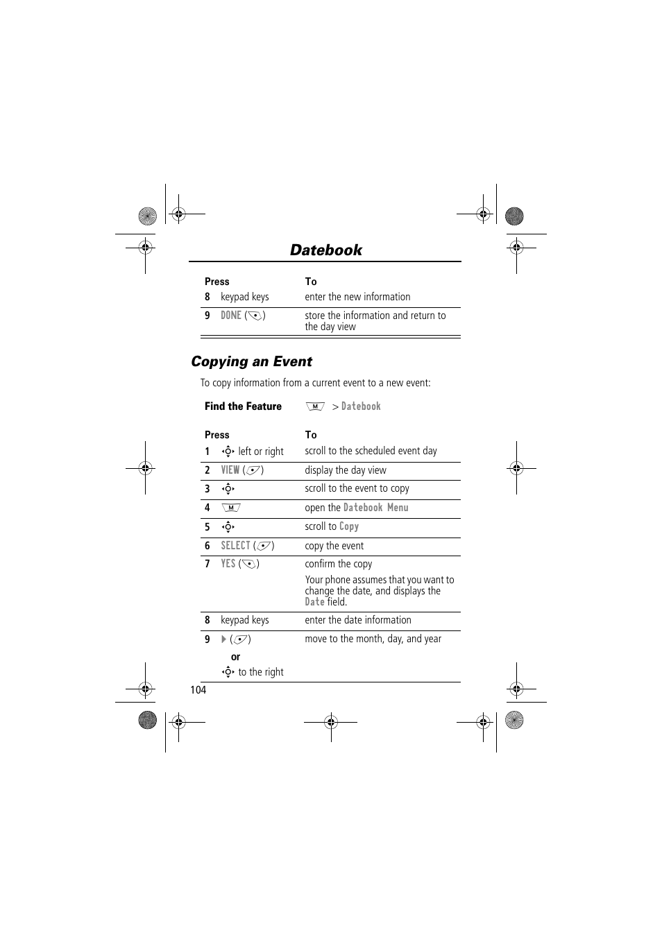 Datebook, Copying an event | Motorola TimePort 280 User Manual | Page 104 / 188