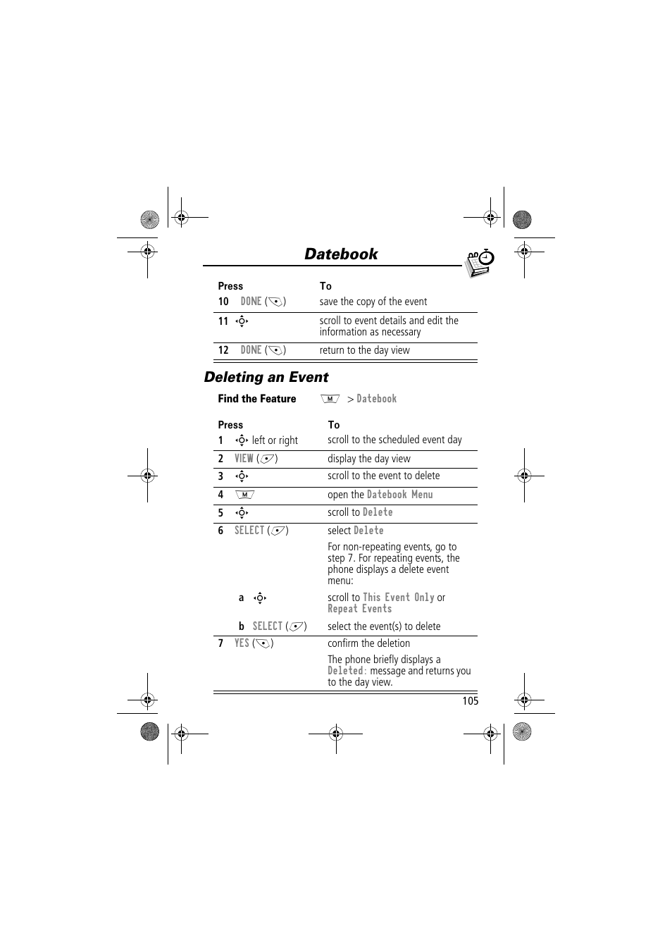 Datebook, Deleting an event | Motorola TimePort 280 User Manual | Page 105 / 188