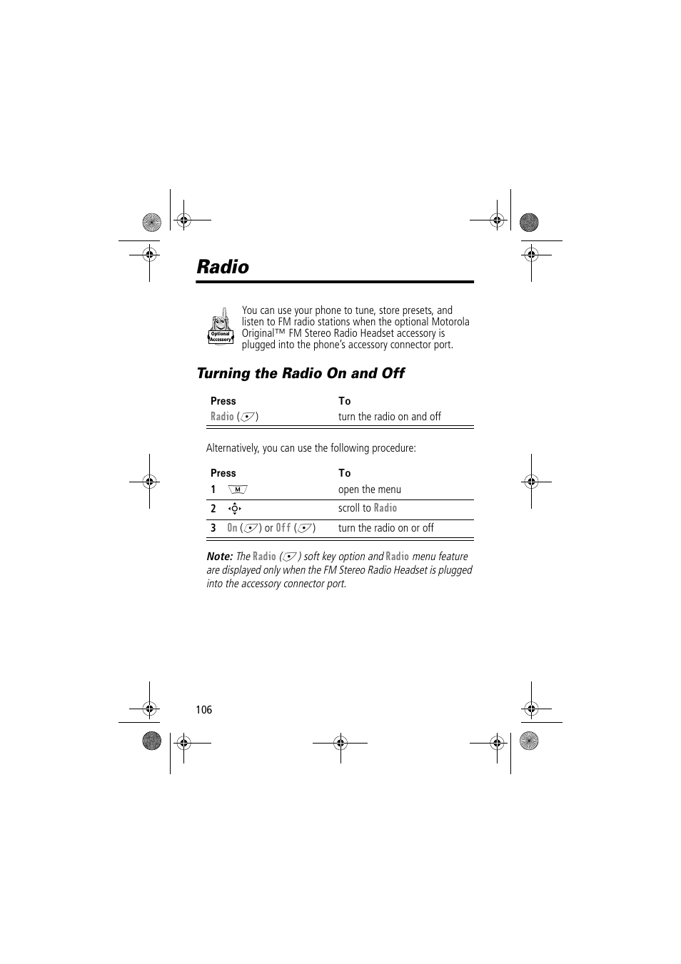 Radio, Turning the radio on and off | Motorola TimePort 280 User Manual | Page 106 / 188