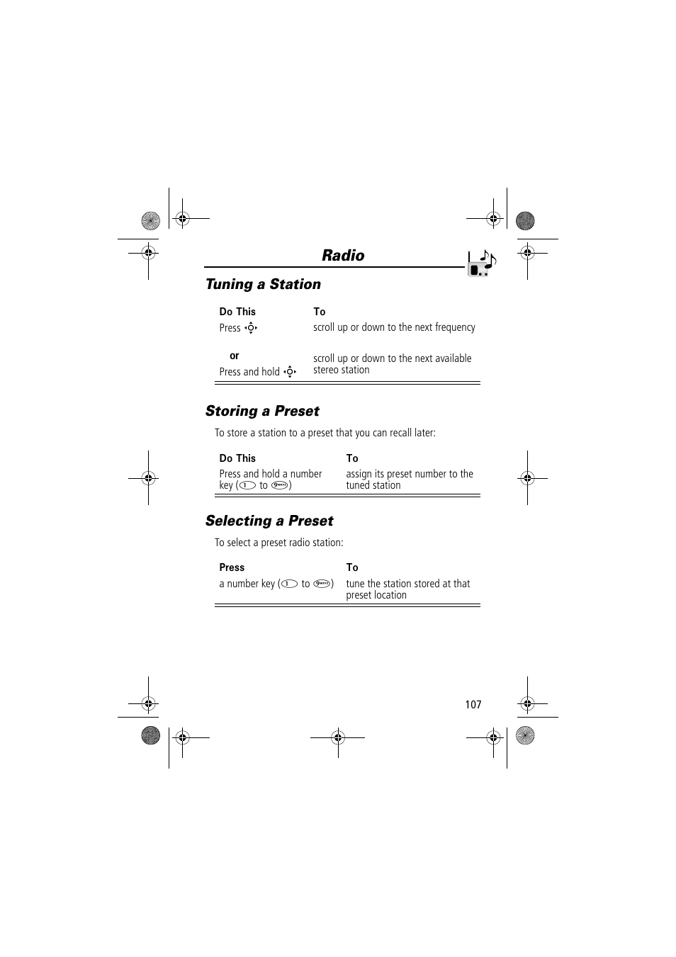 Radio, Tuning a station storing a preset, Selecting a preset | Motorola TimePort 280 User Manual | Page 107 / 188