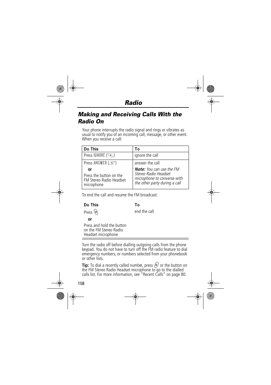 Radio, Making and receiving calls with the radio on | Motorola TimePort 280 User Manual | Page 108 / 188