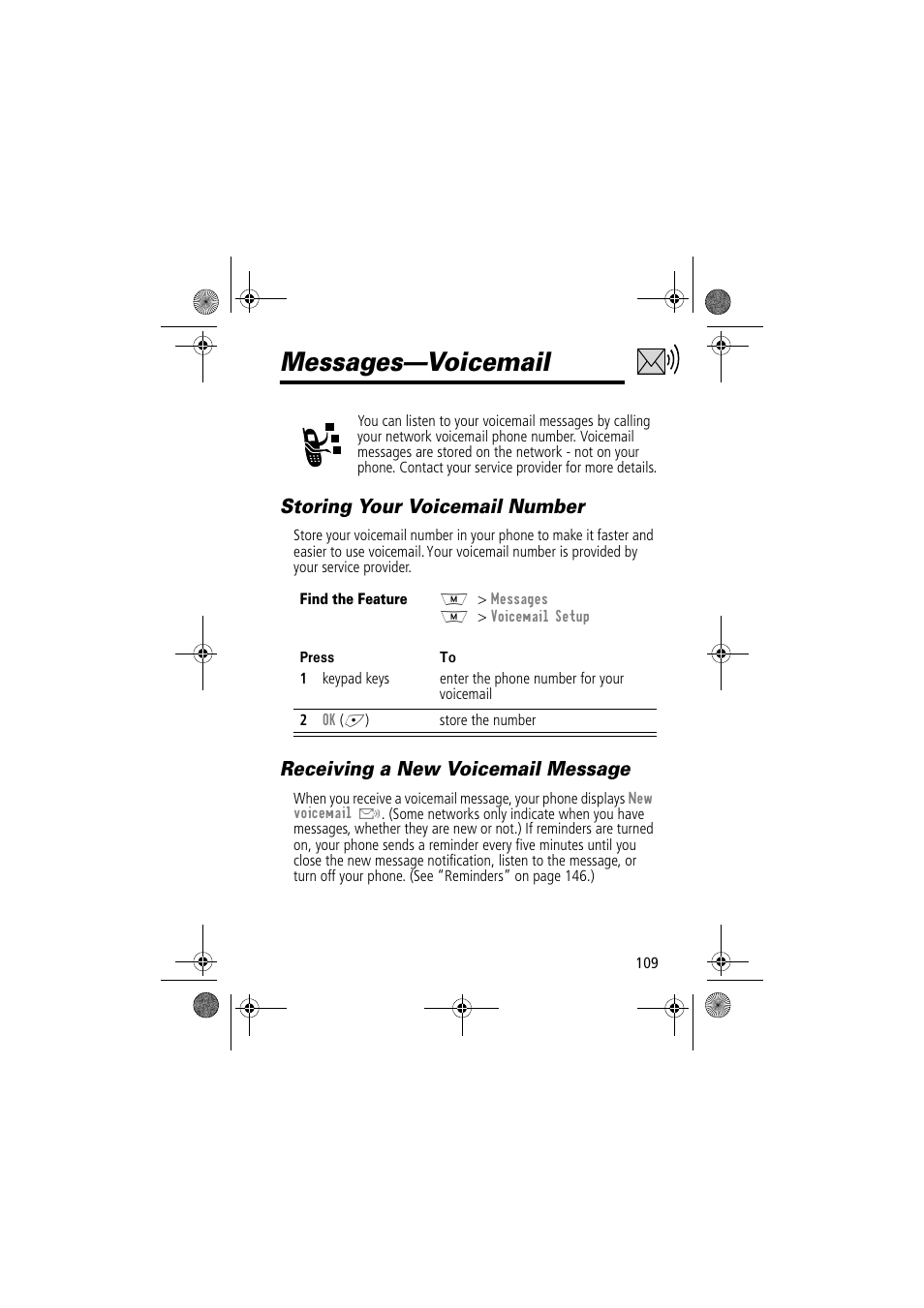 Messages—voicemail, Storing your voicemail number, Receiving a new voicemail message | Motorola TimePort 280 User Manual | Page 109 / 188