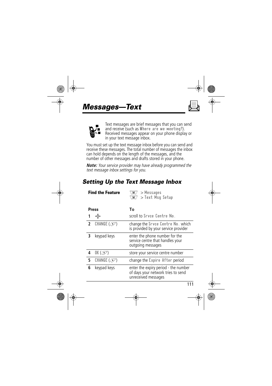 Messages—text, Setting up the text message inbox | Motorola TimePort 280 User Manual | Page 111 / 188