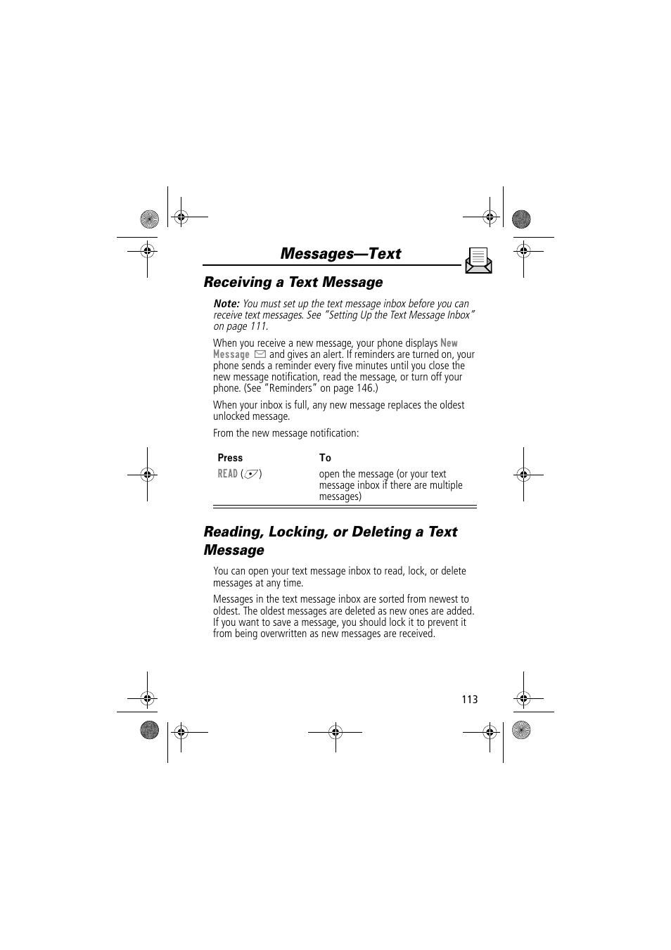 Messages—text, Receiving a text message, Reading, locking, or deleting a text message | Motorola TimePort 280 User Manual | Page 113 / 188