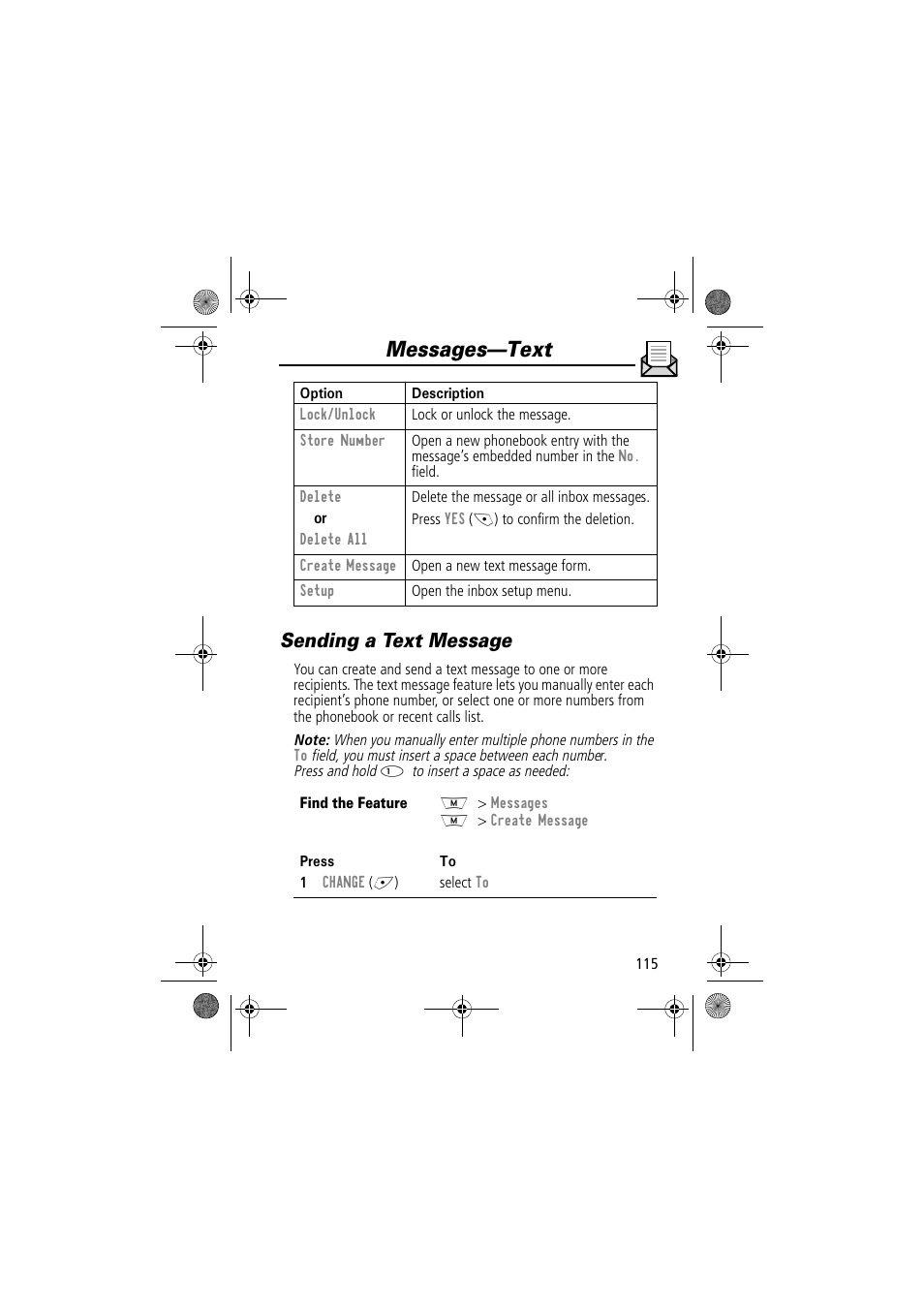 Messages—text, Sending a text message | Motorola TimePort 280 User Manual | Page 115 / 188