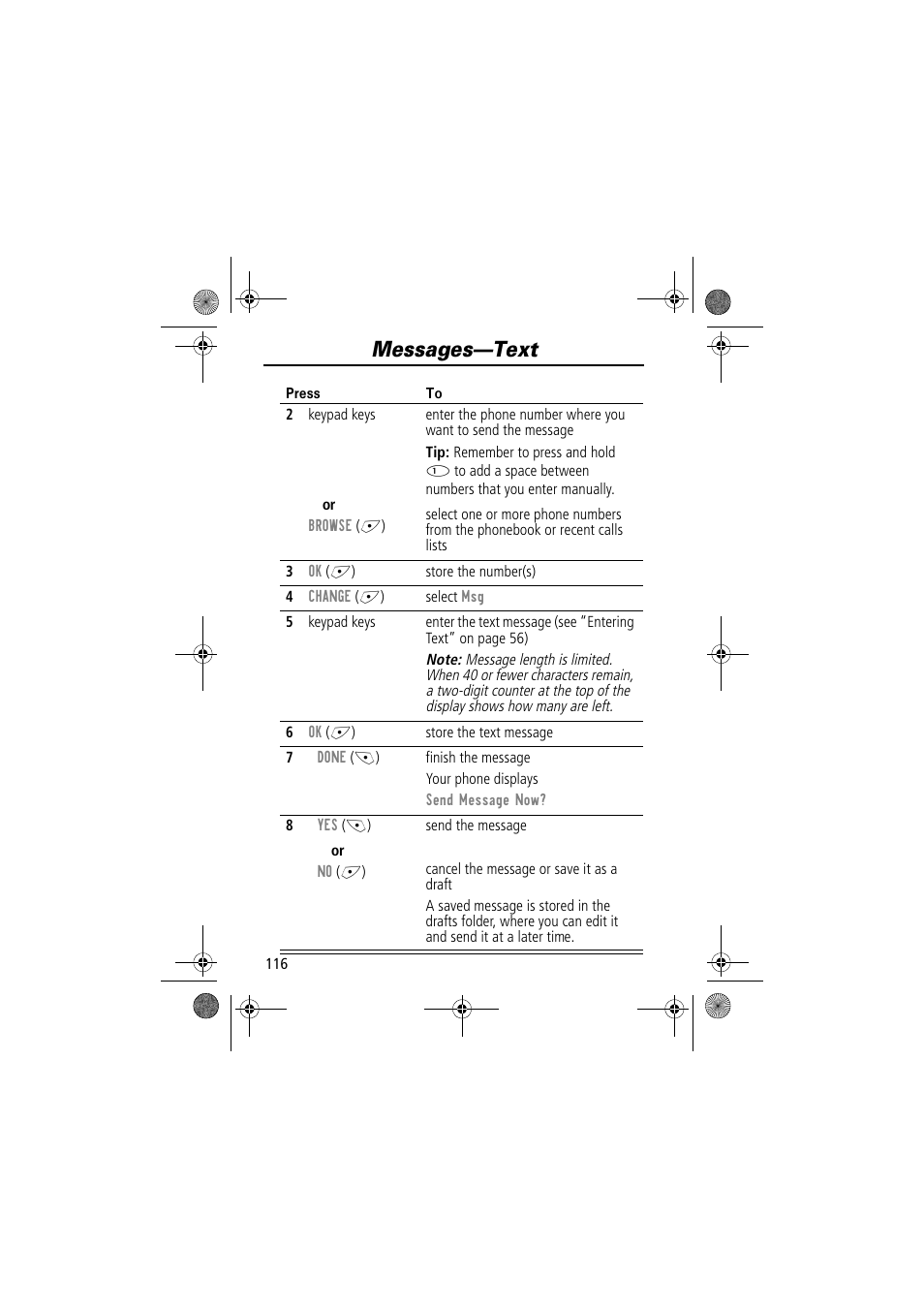 Messages—text | Motorola TimePort 280 User Manual | Page 116 / 188