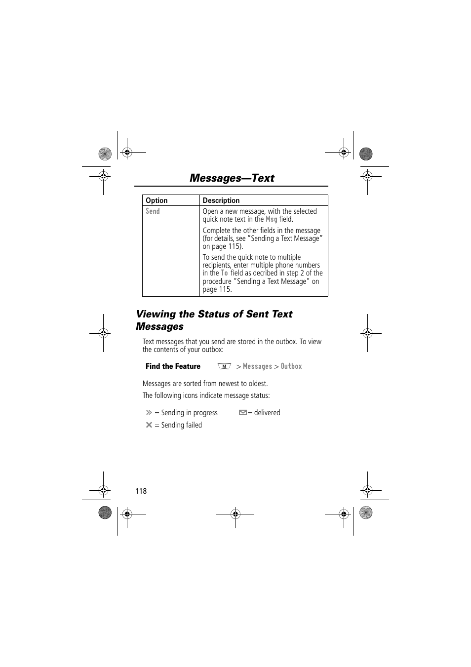 Messages—text, Viewing the status of sent text messages | Motorola TimePort 280 User Manual | Page 118 / 188