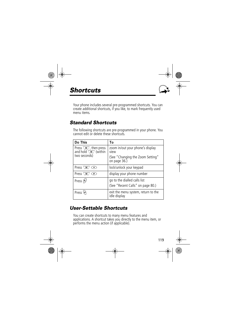 Shortcuts, Standard shortcuts, User-settable shortcuts | Motorola TimePort 280 User Manual | Page 119 / 188