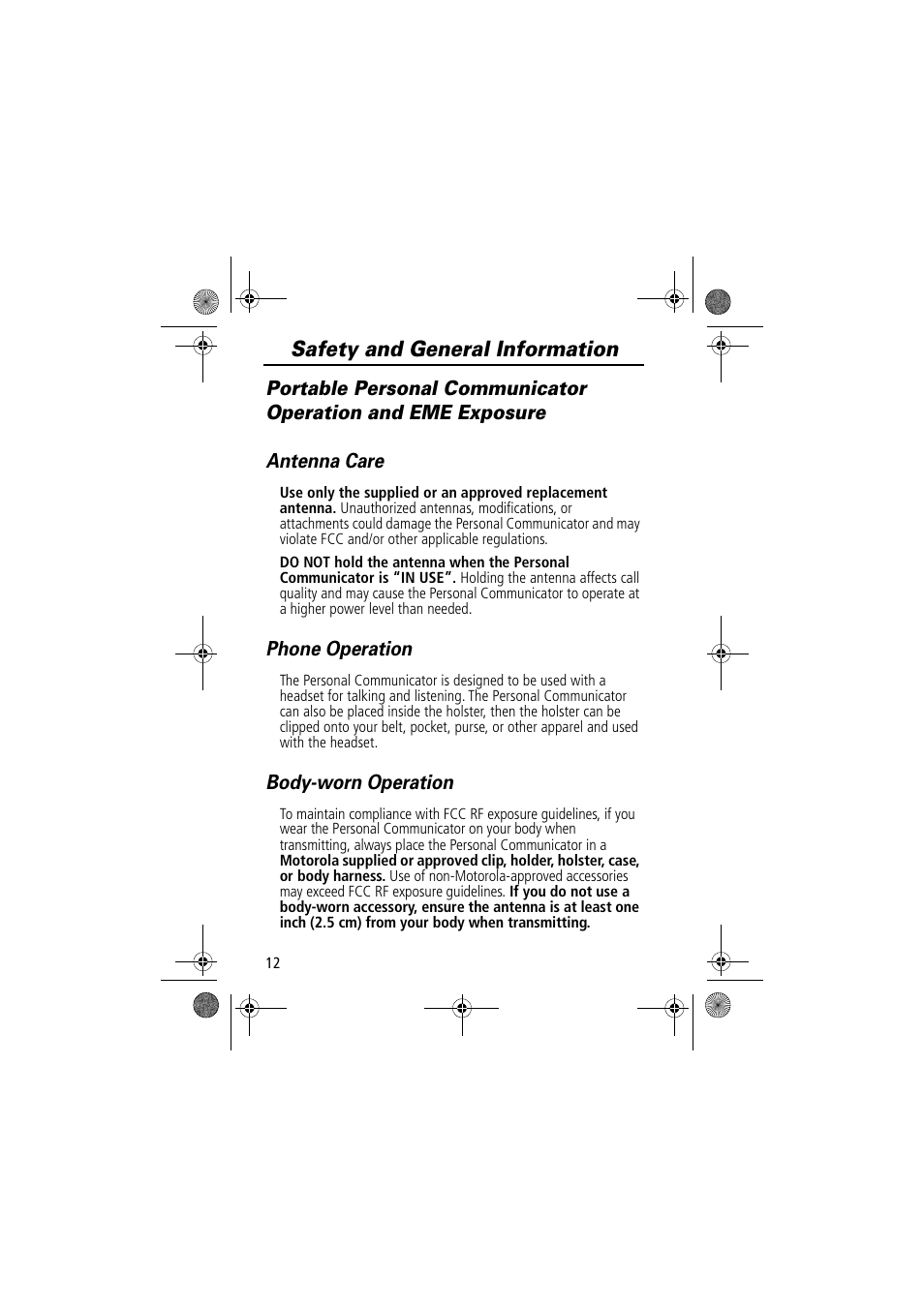 Safety and general information | Motorola TimePort 280 User Manual | Page 12 / 188