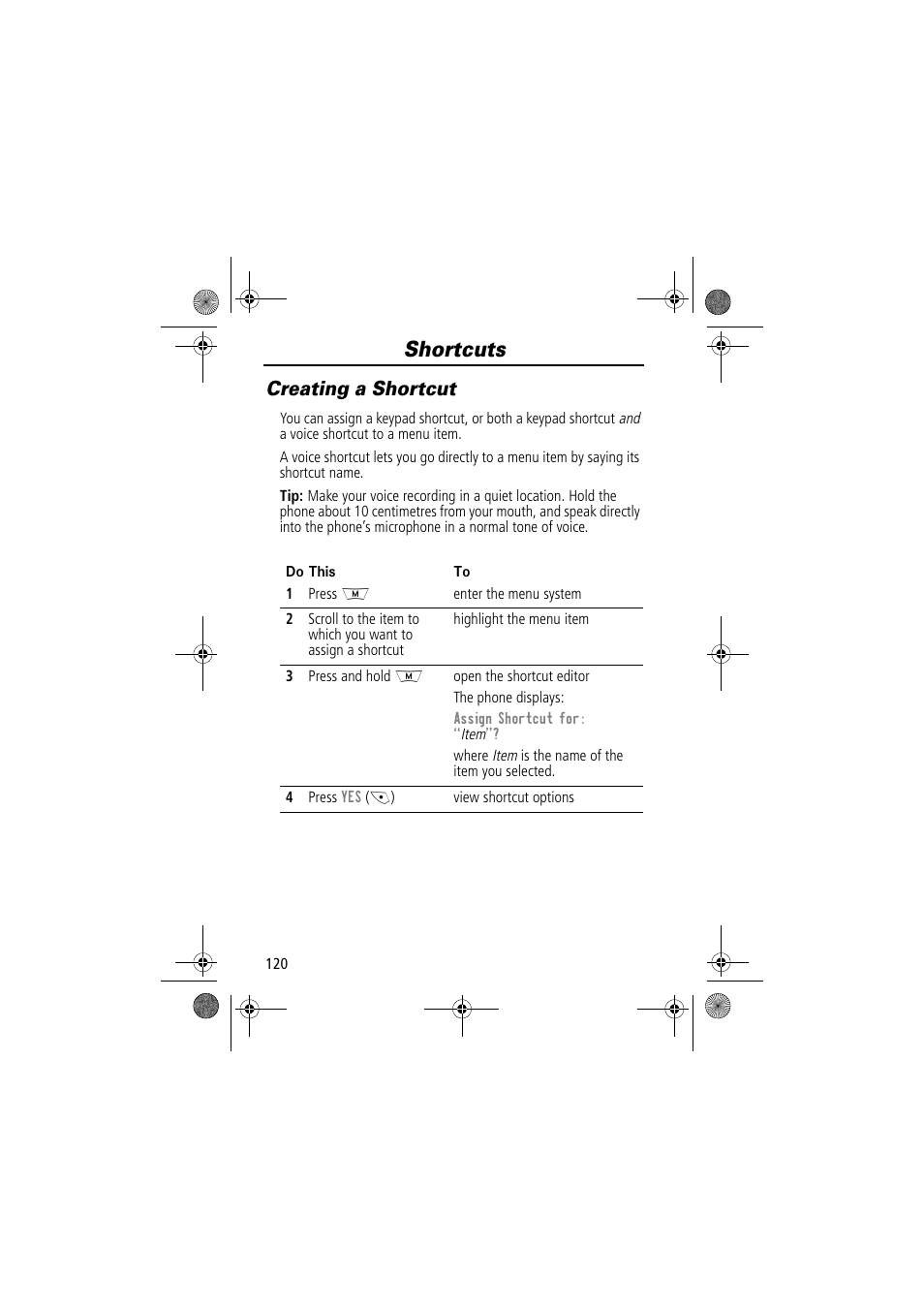 Shortcuts, Creating a shortcut | Motorola TimePort 280 User Manual | Page 120 / 188