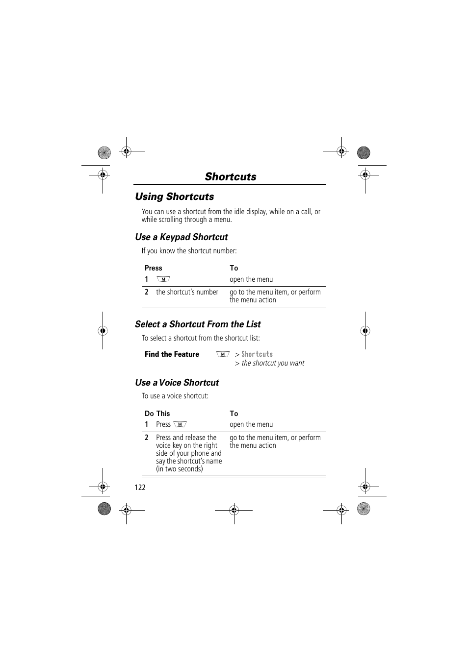 Shortcuts, Using shortcuts, Use a keypad shortcut | Select a shortcut from the list, Use a voice shortcut | Motorola TimePort 280 User Manual | Page 122 / 188