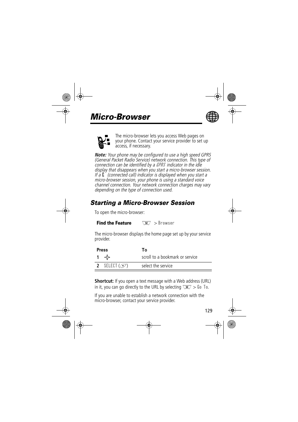 Micro-browser, Starting a micro-browser session | Motorola TimePort 280 User Manual | Page 129 / 188