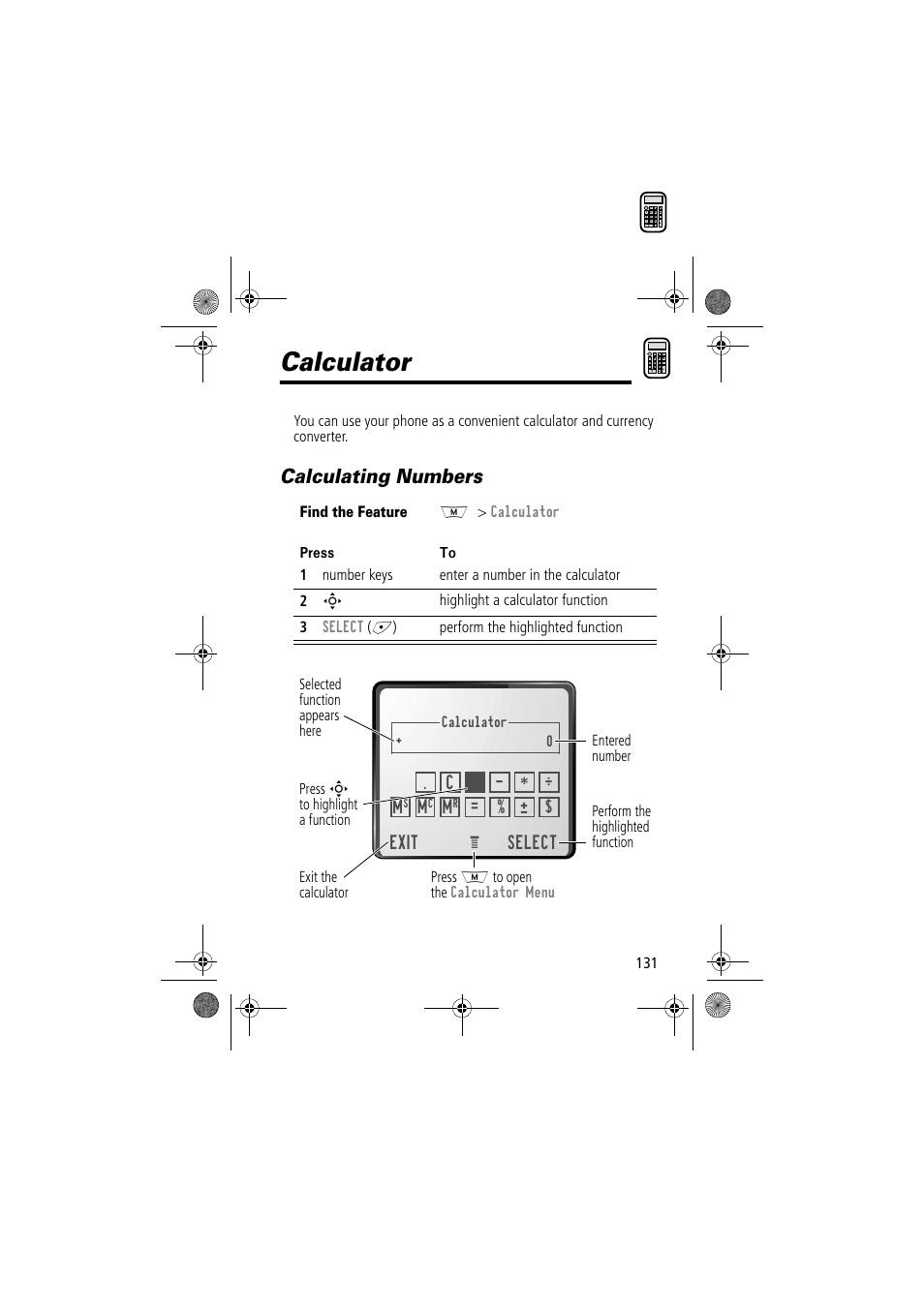 Calculator, Calculating numbers | Motorola TimePort 280 User Manual | Page 131 / 188