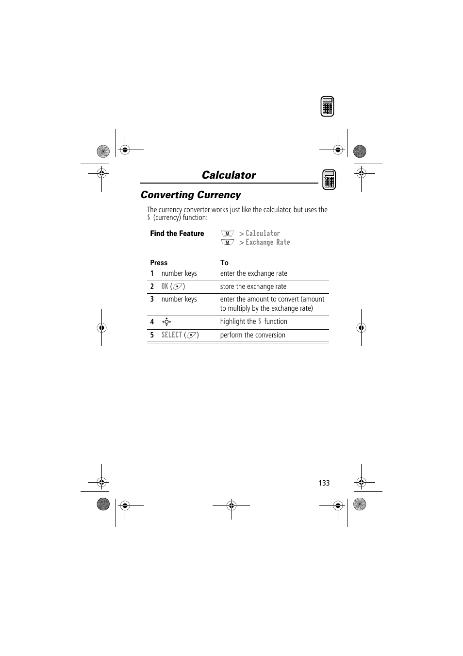 Calculator, Converting currency | Motorola TimePort 280 User Manual | Page 133 / 188