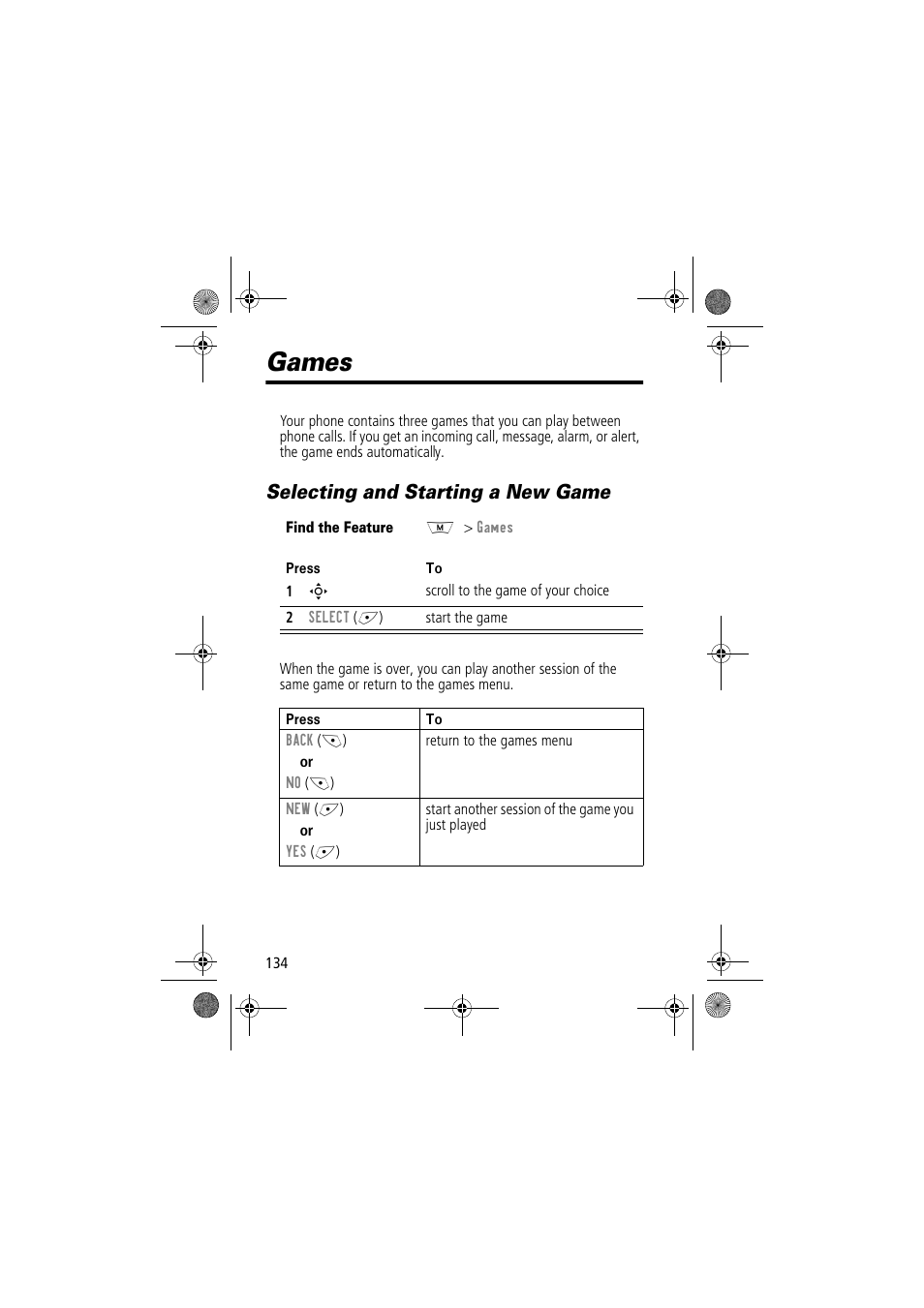 Games, Selecting and starting a new game | Motorola TimePort 280 User Manual | Page 134 / 188