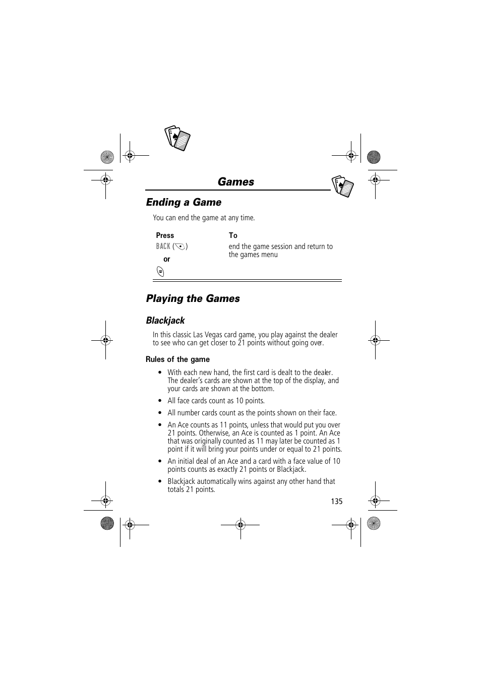 Games, Ending a game, Playing the games | Motorola TimePort 280 User Manual | Page 135 / 188
