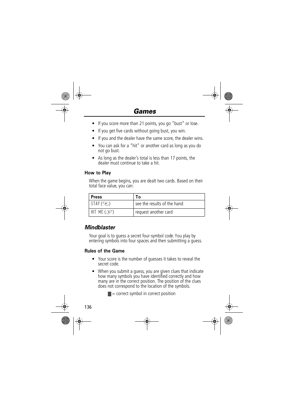 Games, Mindblaster | Motorola TimePort 280 User Manual | Page 136 / 188