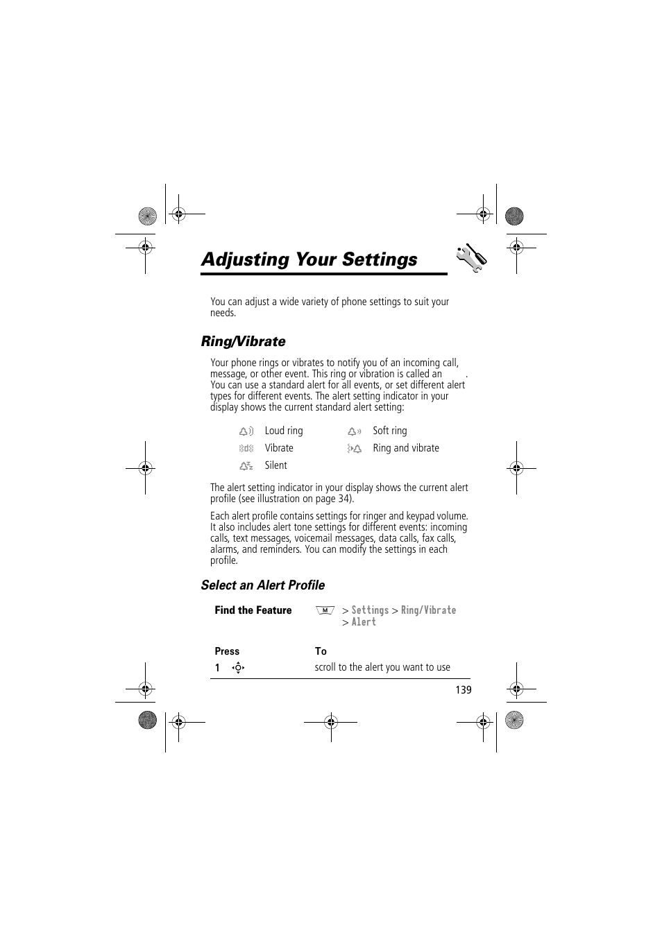 Adjusting your settings, Ring/vibrate | Motorola TimePort 280 User Manual | Page 139 / 188