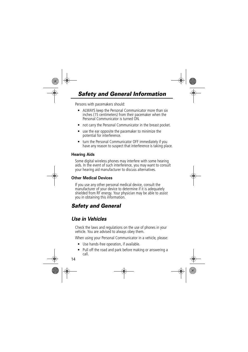 Safety and general information, Safety and general use in vehicles | Motorola TimePort 280 User Manual | Page 14 / 188