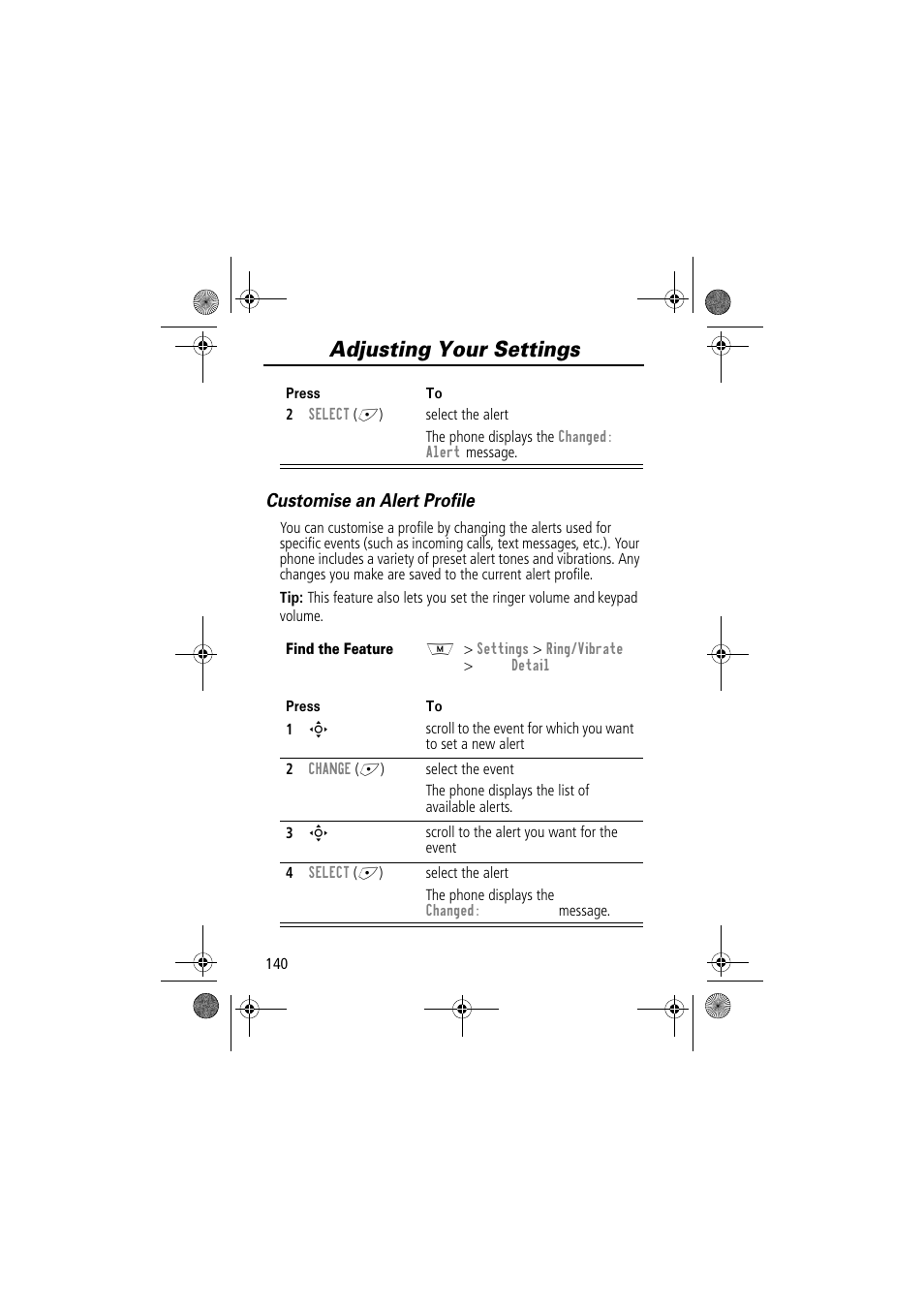 Adjusting your settings, Customise an alert profile | Motorola TimePort 280 User Manual | Page 140 / 188