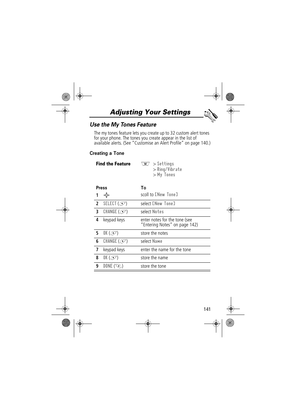 Adjusting your settings, Use the my tones feature | Motorola TimePort 280 User Manual | Page 141 / 188