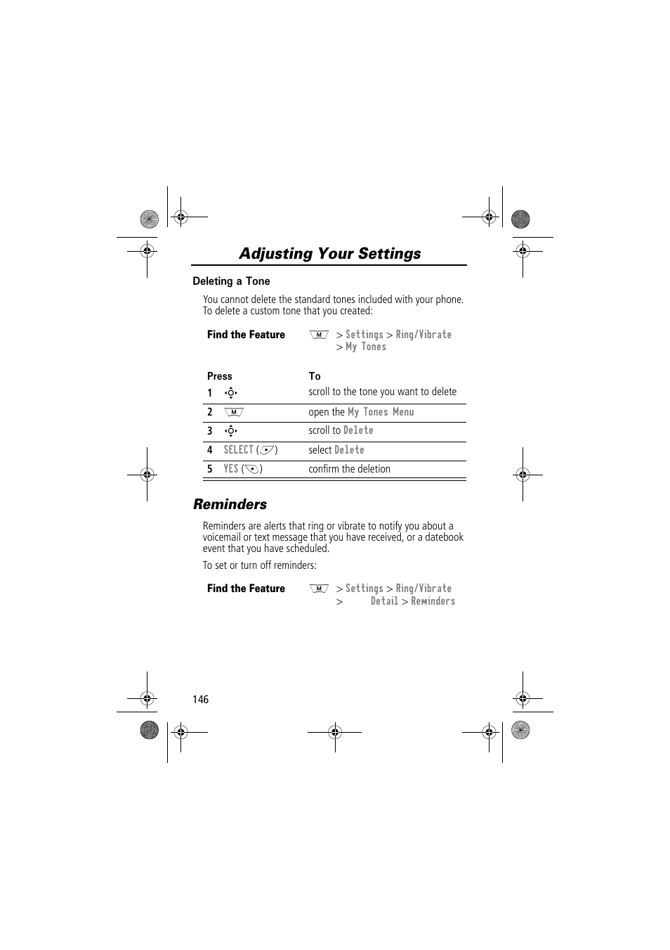 Adjusting your settings, Reminders | Motorola TimePort 280 User Manual | Page 146 / 188