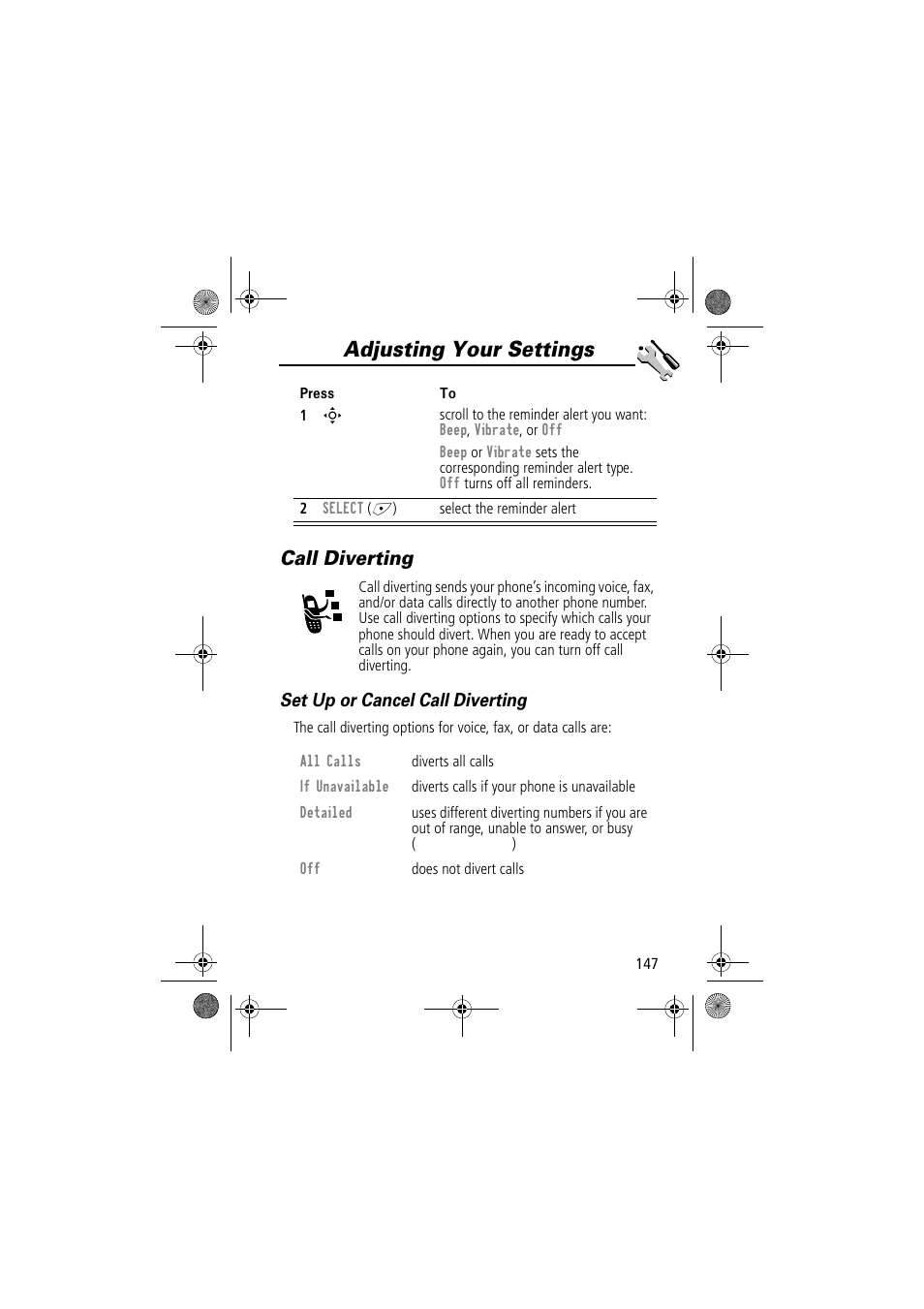 Adjusting your settings, Call diverting, Set up or cancel call diverting | Motorola TimePort 280 User Manual | Page 147 / 188