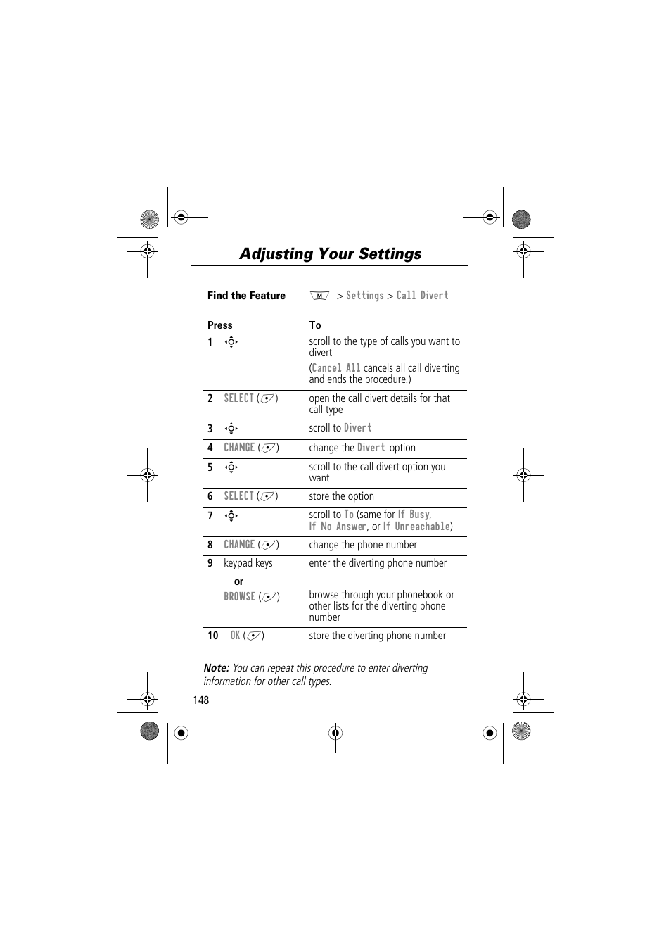 Adjusting your settings | Motorola TimePort 280 User Manual | Page 148 / 188