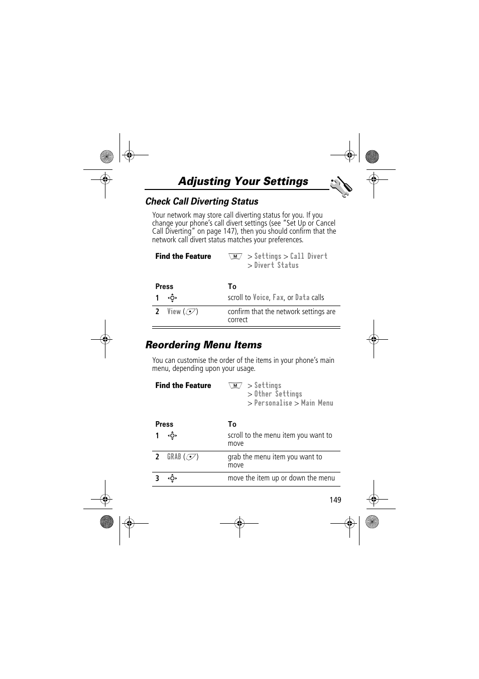 Adjusting your settings, Reordering menu items, Check call diverting status | Motorola TimePort 280 User Manual | Page 149 / 188