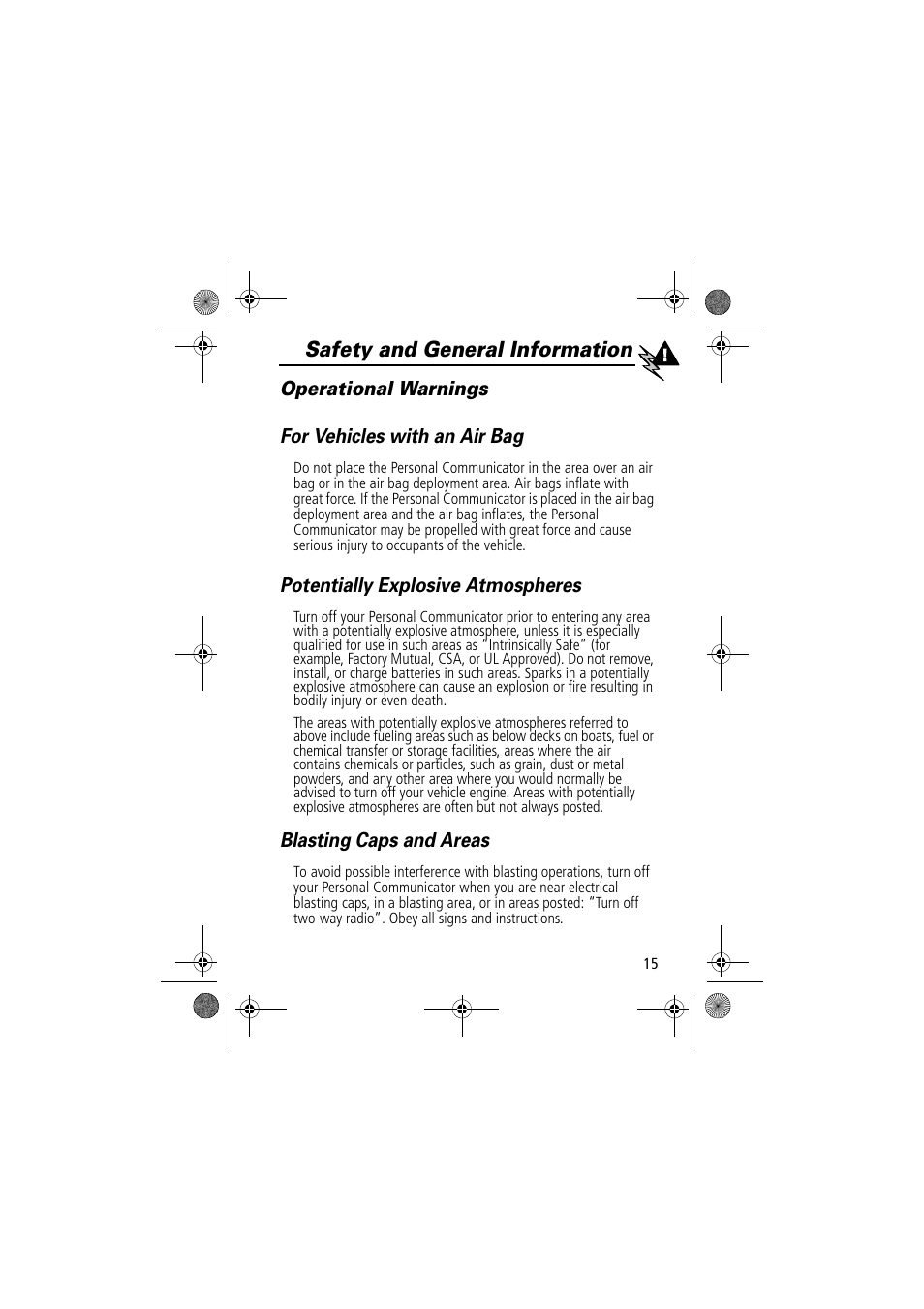 Safety and general information, Operational warnings for vehicles with an air bag, Potentially explosive atmospheres | Blasting caps and areas | Motorola TimePort 280 User Manual | Page 15 / 188