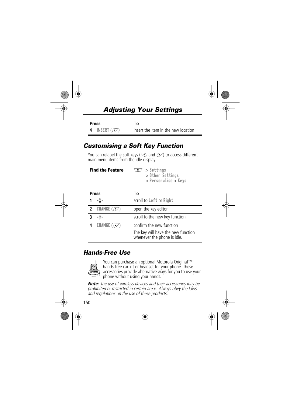 Adjusting your settings, Customising a soft key function, Hands-free use | Motorola TimePort 280 User Manual | Page 150 / 188