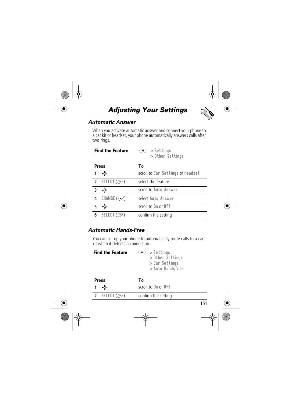 Adjusting your settings, Automatic answer, Automatic hands-free | Motorola TimePort 280 User Manual | Page 151 / 188