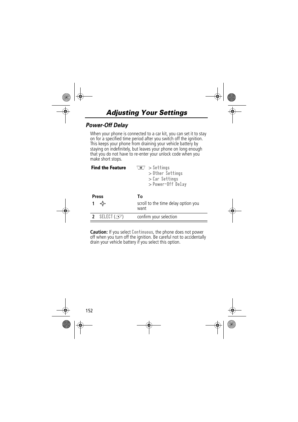 Adjusting your settings, Power-off delay | Motorola TimePort 280 User Manual | Page 152 / 188